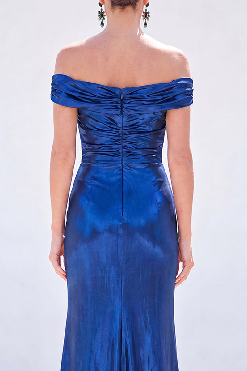 Load image into Gallery viewer, Golden Mermaid Metallic Ruched Long Mother of the Bride Dress with Slit