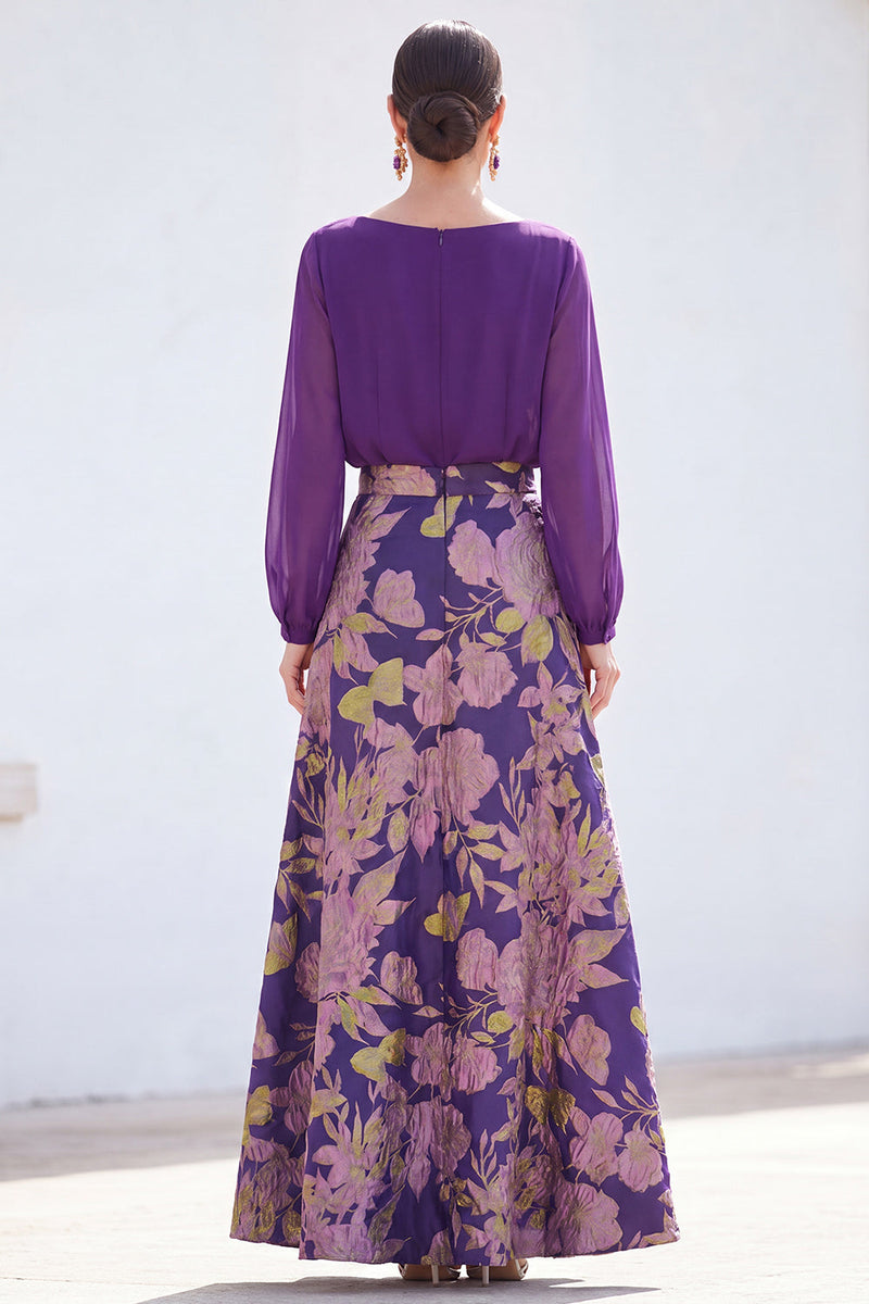Load image into Gallery viewer, Dark Purple Floral Boat Neck A Line Long Mother of the Bride Dress with Sleeves