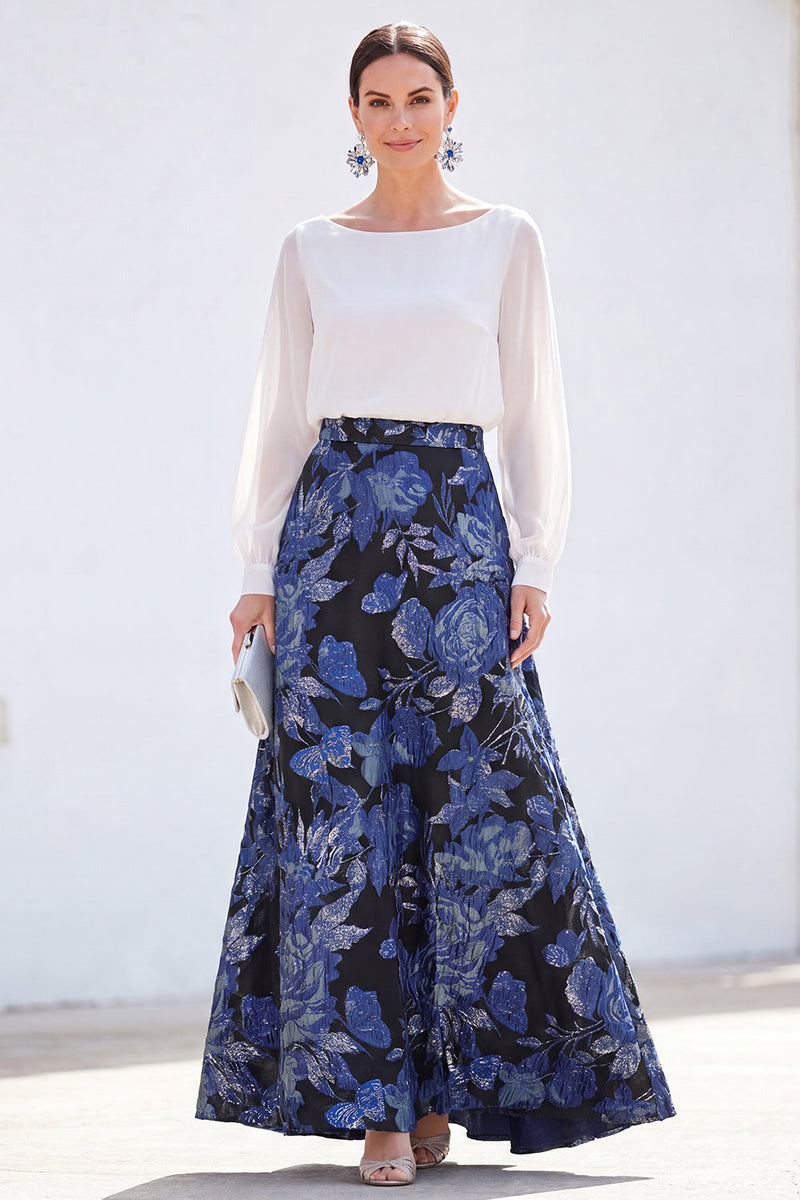 Load image into Gallery viewer, Dark Purple Floral Boat Neck A Line Long Mother of the Bride Dress with Sleeves