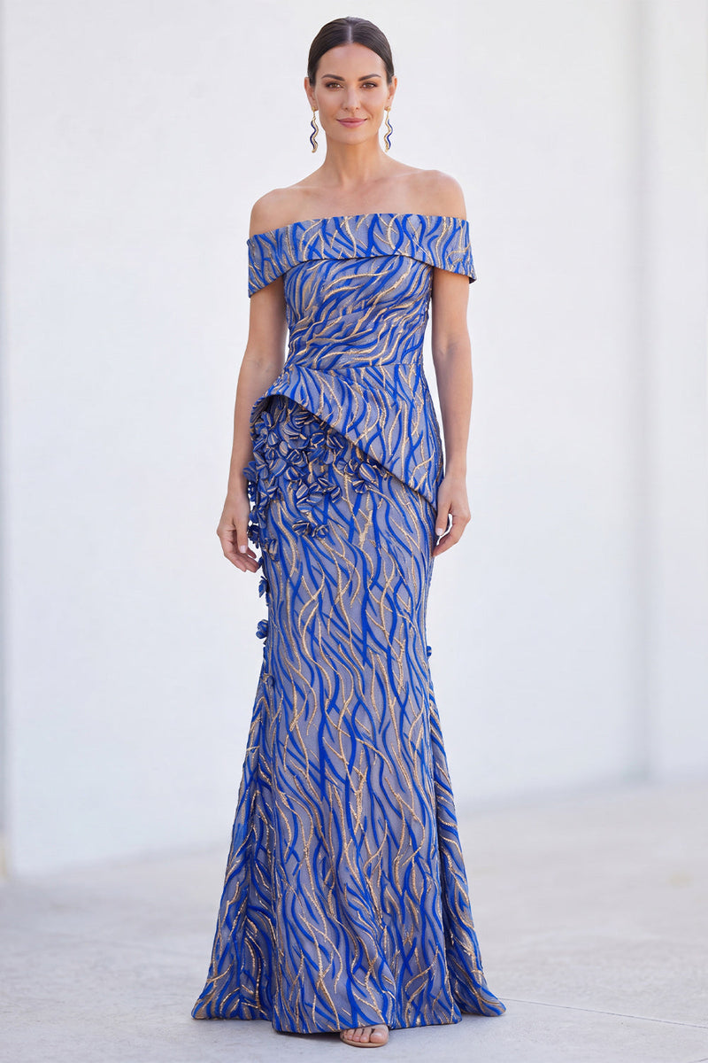 Load image into Gallery viewer, Royal Blue Off The Shoulder Long Mermaid Mother of the Bride Dress with 3D Flowers