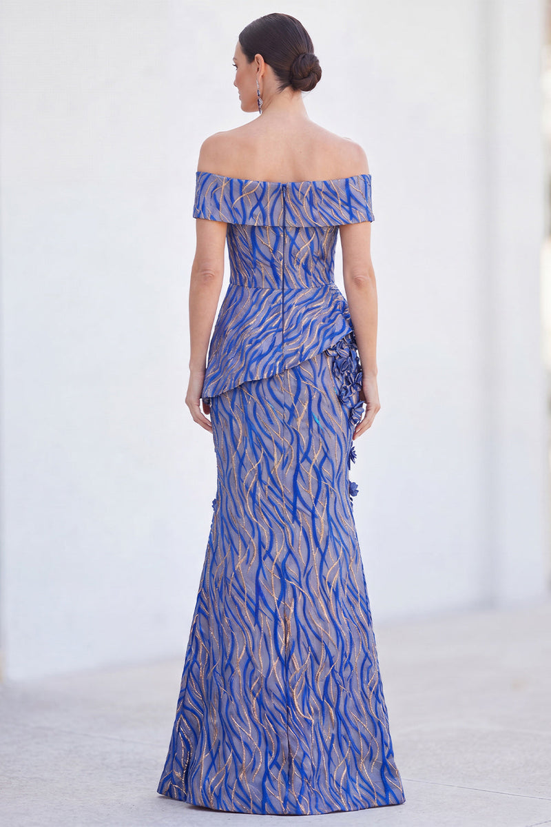 Load image into Gallery viewer, Royal Blue Off The Shoulder Long Mermaid Mother of the Bride Dress with 3D Flowers