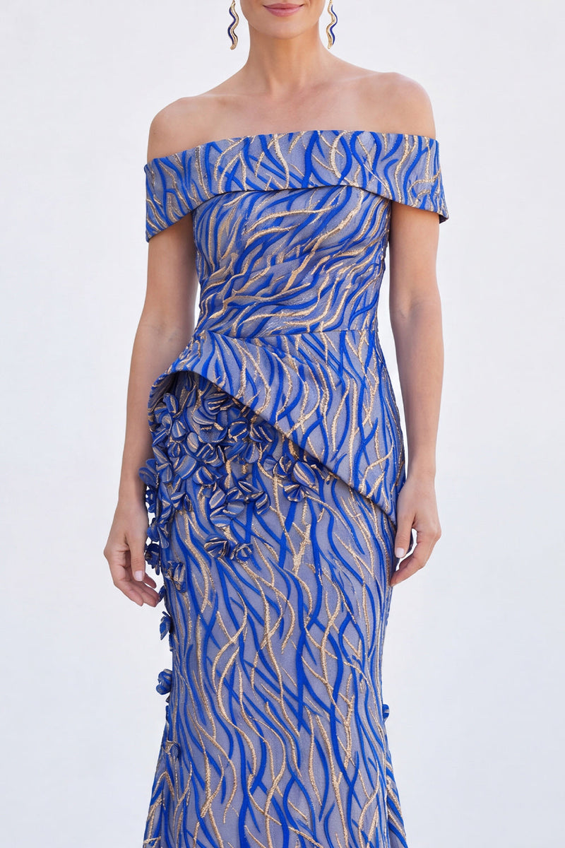 Load image into Gallery viewer, Royal Blue Off The Shoulder Long Mermaid Mother of the Bride Dress with 3D Flowers