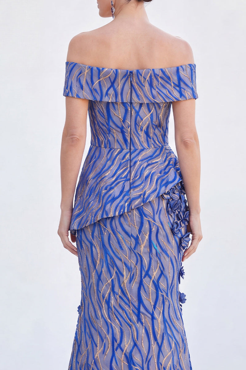 Load image into Gallery viewer, Royal Blue Off The Shoulder Long Mermaid Mother of the Bride Dress with 3D Flowers