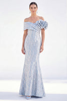 Load image into Gallery viewer, Light Blue Off The Shoulder Mermaid Long Mother of the Bride Dress with 3D Flowers