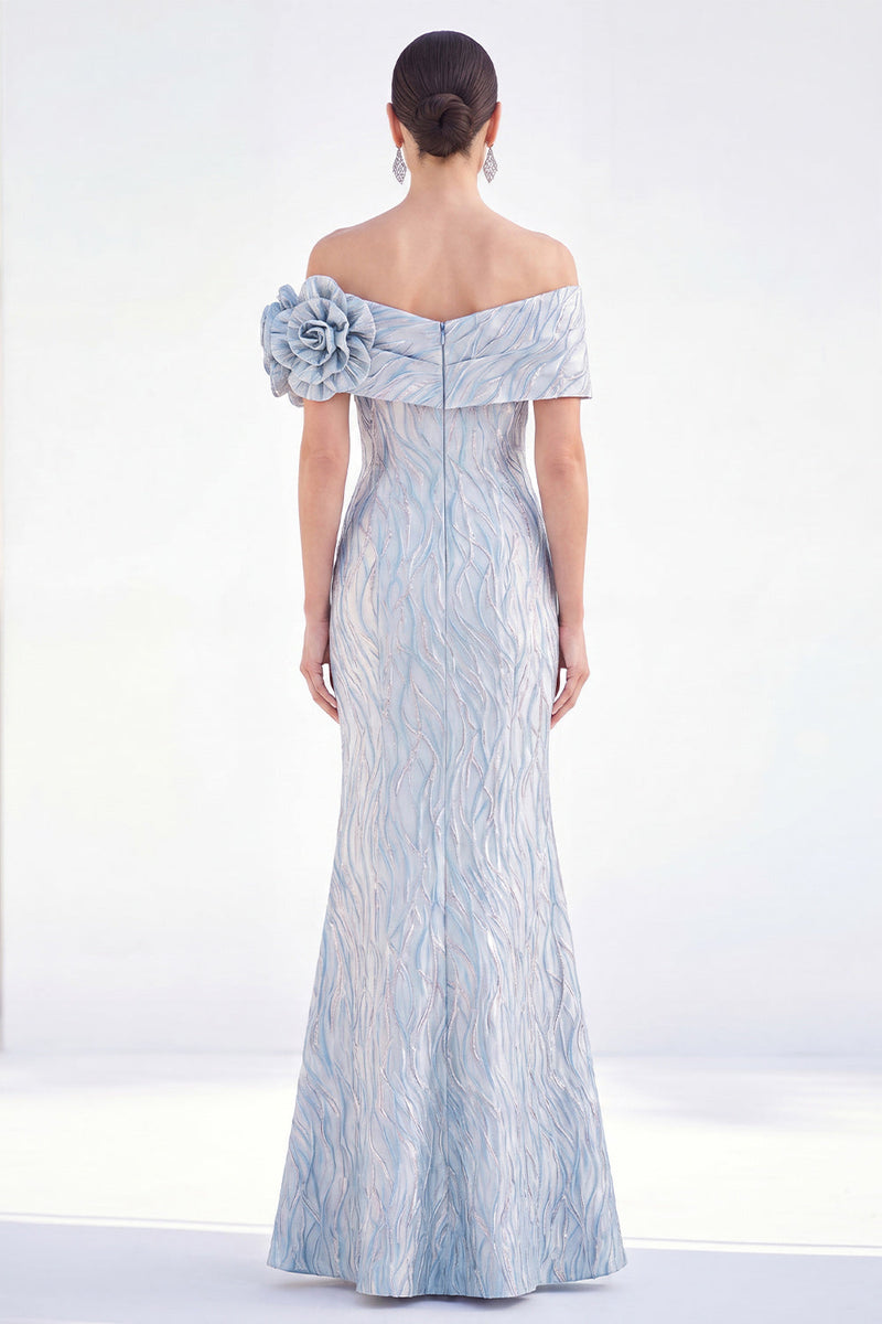 Load image into Gallery viewer, Light Blue Off The Shoulder Mermaid Long Mother of the Bride Dress with 3D Flowers