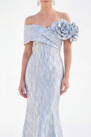 Load image into Gallery viewer, Light Blue Off The Shoulder Mermaid Long Mother of the Bride Dress with 3D Flowers