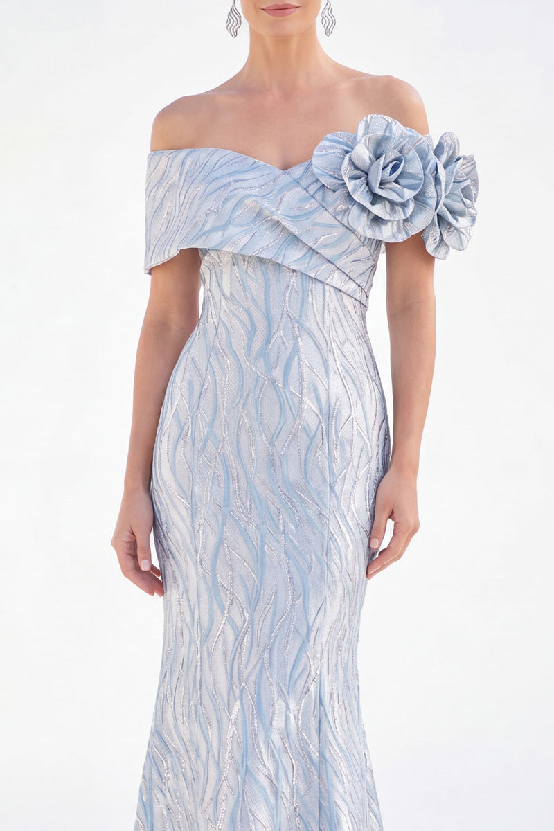 Load image into Gallery viewer, Light Blue Off The Shoulder Mermaid Long Mother of the Bride Dress with 3D Flowers