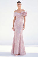 Load image into Gallery viewer, Light Blue Off The Shoulder Mermaid Long Mother of the Bride Dress with 3D Flowers