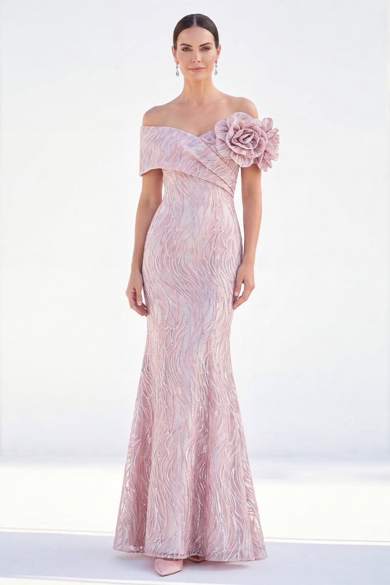 Load image into Gallery viewer, Light Blue Off The Shoulder Mermaid Long Mother of the Bride Dress with 3D Flowers