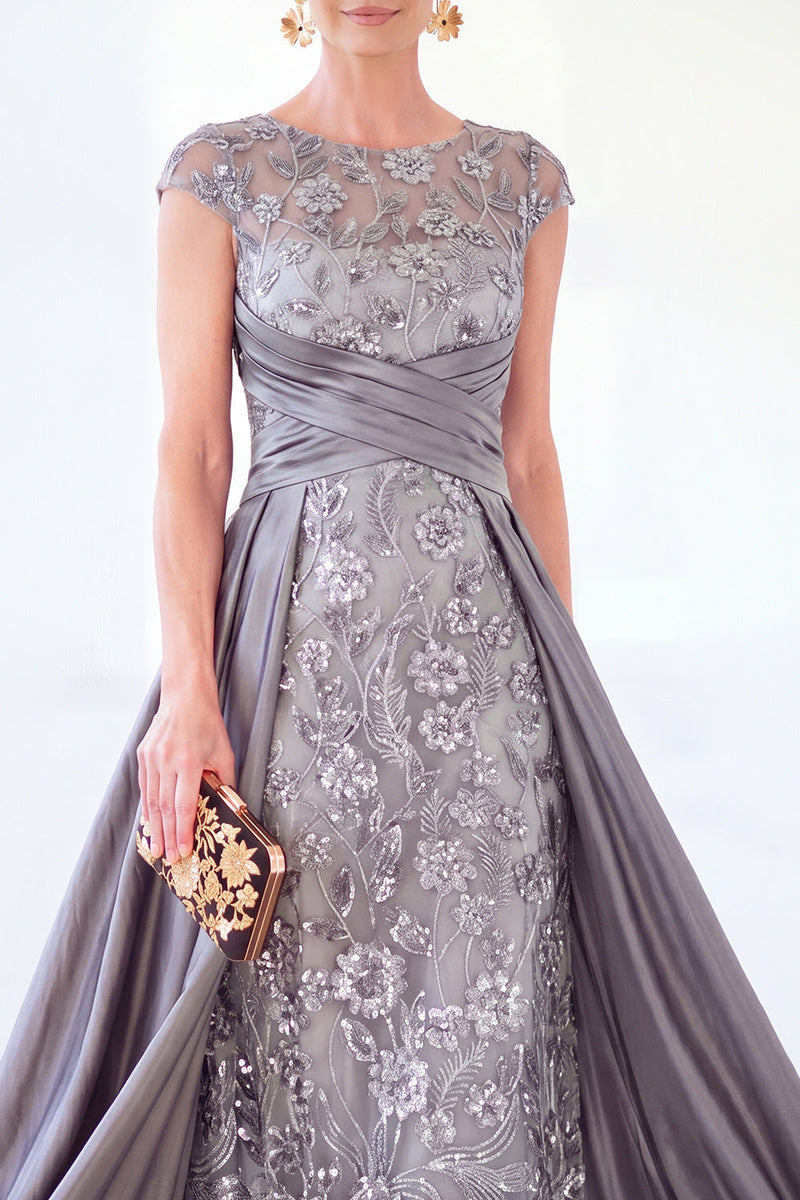 Load image into Gallery viewer, Sparkly Grey Blue Floral Beaded Sheath Long Mother of the Bride Dress