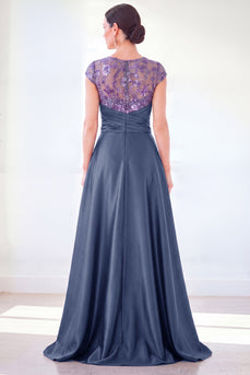 Sparkly Grey Blue Floral Beaded Sheath Long Mother of the Bride Dress