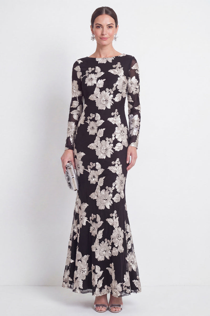 Load image into Gallery viewer, Navy Floral Mermaid Bateau Neck Long Sleeves Mother of the Bride Dress