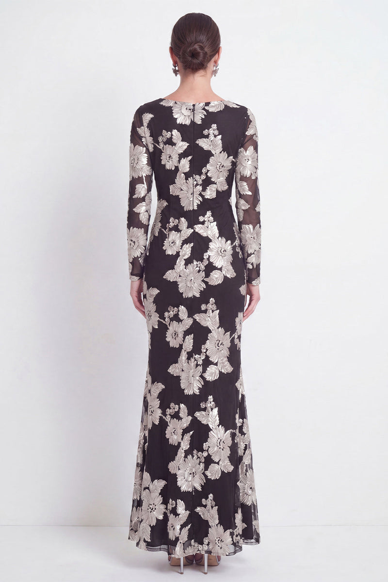 Load image into Gallery viewer, Navy Floral Mermaid Bateau Neck Long Sleeves Mother of the Bride Dress