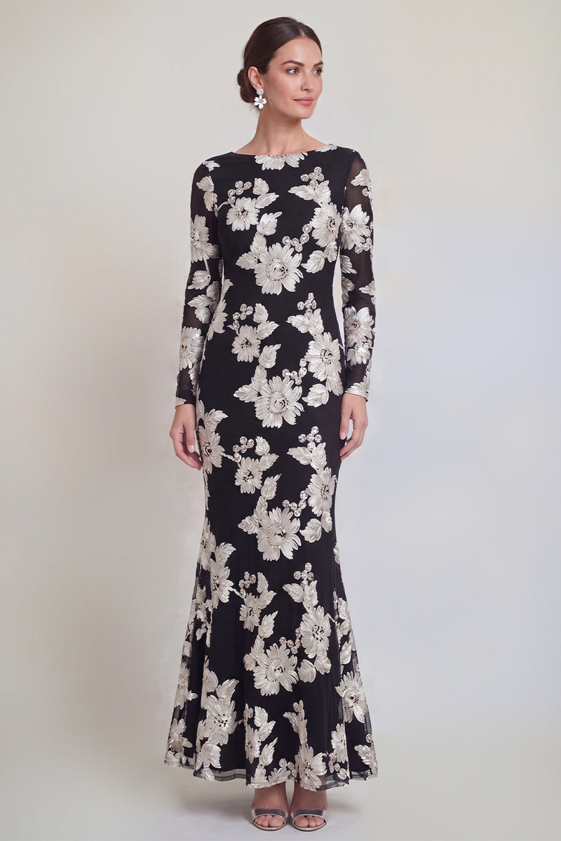 Load image into Gallery viewer, Navy Floral Mermaid Bateau Neck Long Sleeves Mother of the Bride Dress