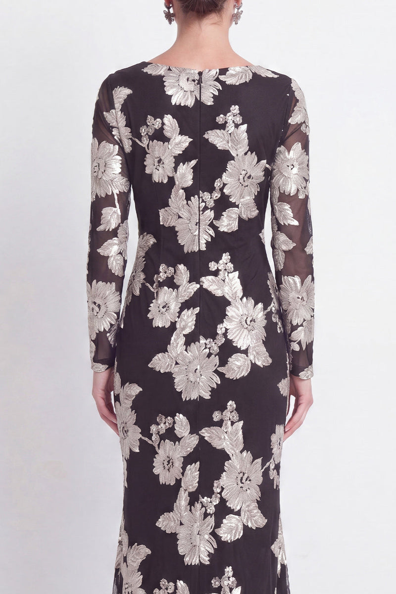 Load image into Gallery viewer, Navy Floral Mermaid Bateau Neck Long Sleeves Mother of the Bride Dress