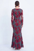 Load image into Gallery viewer, Navy Floral Mermaid Bateau Neck Long Sleeves Mother of the Bride Dress