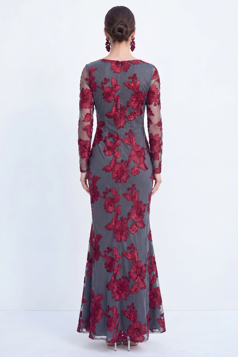 Load image into Gallery viewer, Navy Floral Mermaid Bateau Neck Long Sleeves Mother of the Bride Dress
