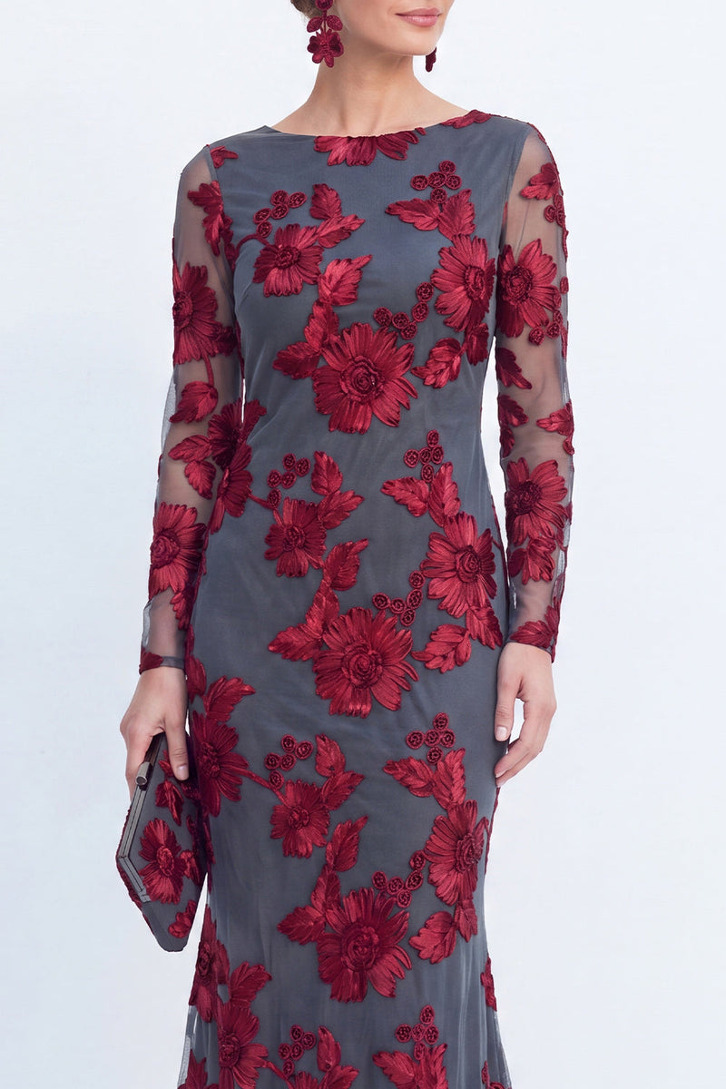 Load image into Gallery viewer, Navy Floral Mermaid Bateau Neck Long Sleeves Mother of the Bride Dress