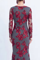 Load image into Gallery viewer, Navy Floral Mermaid Bateau Neck Long Sleeves Mother of the Bride Dress
