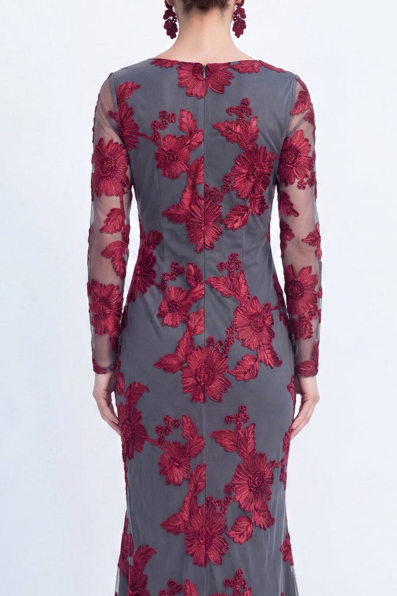 Load image into Gallery viewer, Navy Floral Mermaid Bateau Neck Long Sleeves Mother of the Bride Dress
