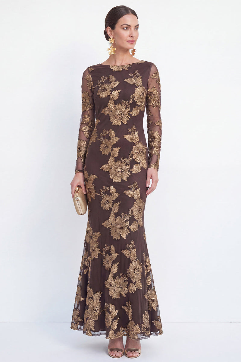 Load image into Gallery viewer, Navy Floral Mermaid Bateau Neck Long Sleeves Mother of the Bride Dress
