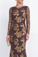 Load image into Gallery viewer, Navy Floral Mermaid Bateau Neck Long Sleeves Mother of the Bride Dress