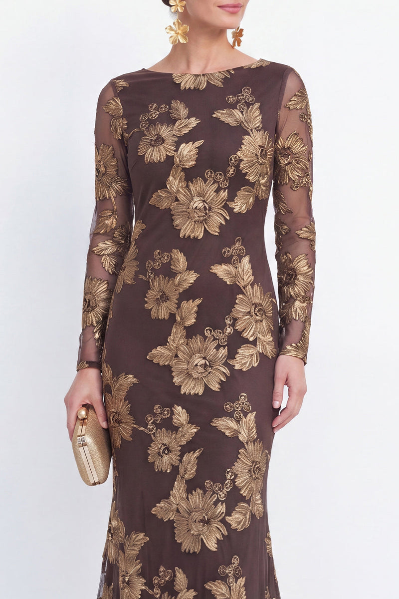 Load image into Gallery viewer, Navy Floral Mermaid Bateau Neck Long Sleeves Mother of the Bride Dress