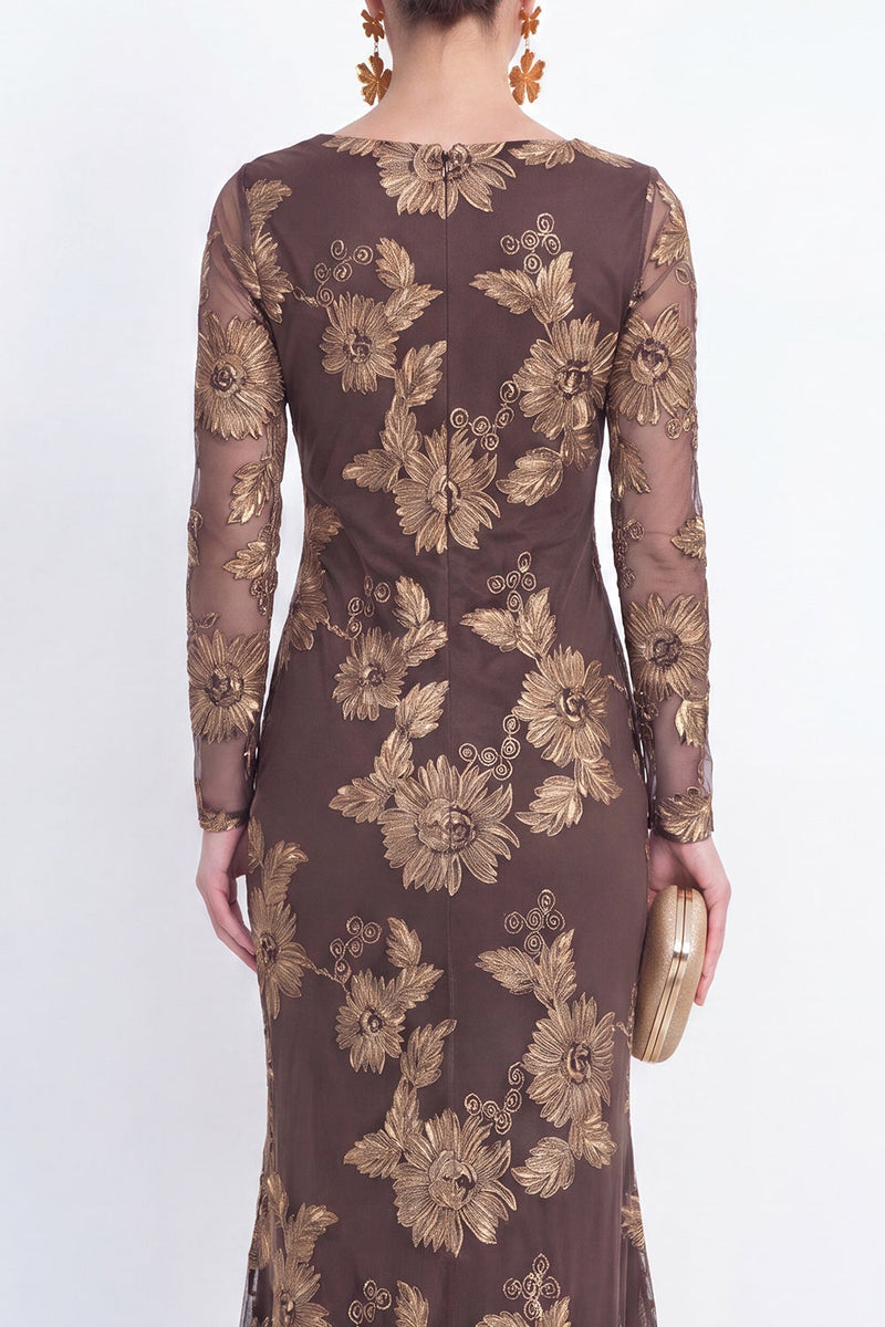 Load image into Gallery viewer, Navy Floral Mermaid Bateau Neck Long Sleeves Mother of the Bride Dress