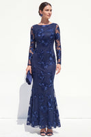 Load image into Gallery viewer, Navy Floral Mermaid Bateau Neck Long Sleeves Mother of the Bride Dress
