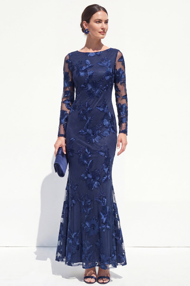 Load image into Gallery viewer, Navy Floral Mermaid Bateau Neck Long Sleeves Mother of the Bride Dress