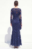 Load image into Gallery viewer, Navy Floral Mermaid Bateau Neck Long Sleeves Mother of the Bride Dress