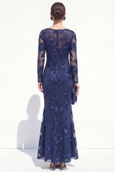 Navy Floral Mermaid Bateau Neck Long Sleeves Mother of the Bride Dress