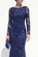 Load image into Gallery viewer, Navy Floral Mermaid Bateau Neck Long Sleeves Mother of the Bride Dress