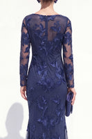 Load image into Gallery viewer, Navy Floral Mermaid Bateau Neck Long Sleeves Mother of the Bride Dress