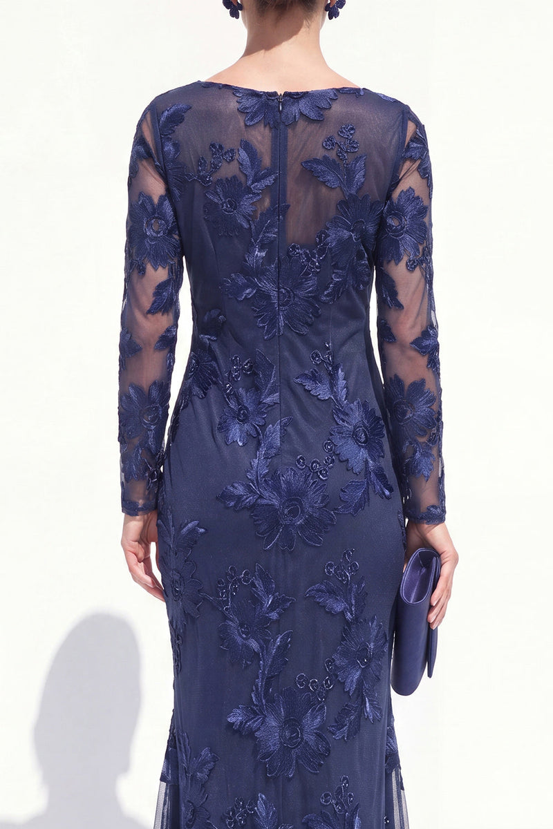 Load image into Gallery viewer, Navy Floral Mermaid Bateau Neck Long Sleeves Mother of the Bride Dress