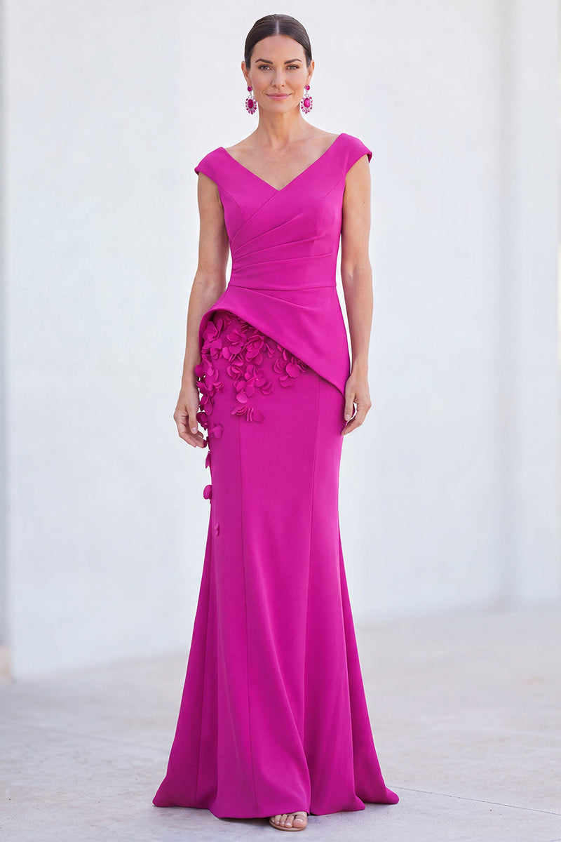 Load image into Gallery viewer, Fuchsia V-Neck Ruched Mermaid Long Mother of the Bride Dress with 3D Flowers