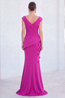 Fuchsia V-Neck Ruched Mermaid Long Mother of the Bride Dress with 3D Flowers