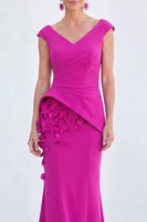 Load image into Gallery viewer, Fuchsia V-Neck Ruched Mermaid Long Mother of the Bride Dress with 3D Flowers