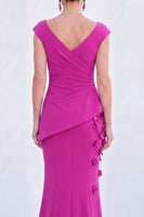 Load image into Gallery viewer, Fuchsia V-Neck Ruched Mermaid Long Mother of the Bride Dress with 3D Flowers