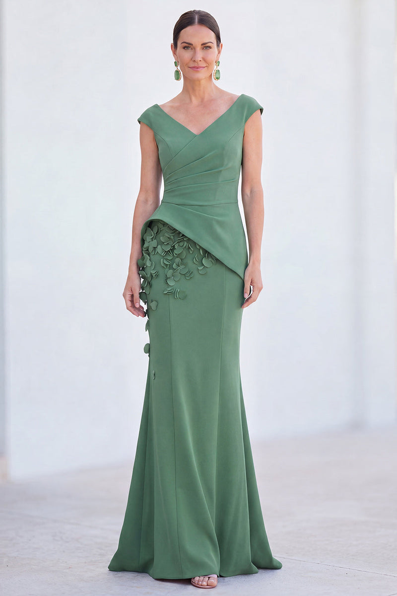 Load image into Gallery viewer, Fuchsia V-Neck Ruched Mermaid Long Mother of the Bride Dress with 3D Flowers