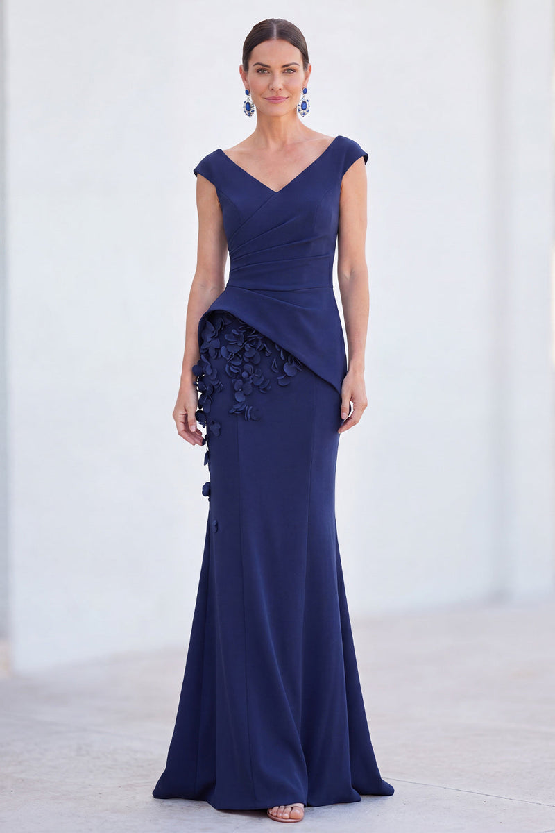 Load image into Gallery viewer, Fuchsia V-Neck Ruched Mermaid Long Mother of the Bride Dress with 3D Flowers