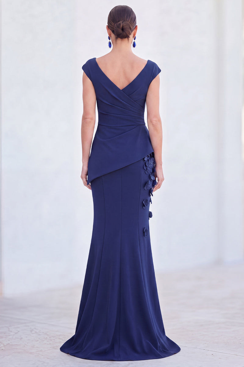 Load image into Gallery viewer, Fuchsia V-Neck Ruched Mermaid Long Mother of the Bride Dress with 3D Flowers