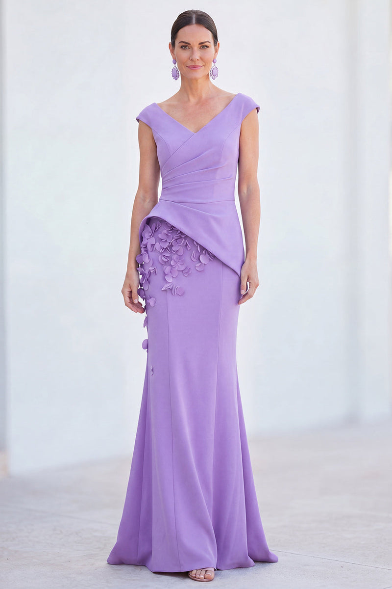Load image into Gallery viewer, Fuchsia V-Neck Ruched Mermaid Long Mother of the Bride Dress with 3D Flowers