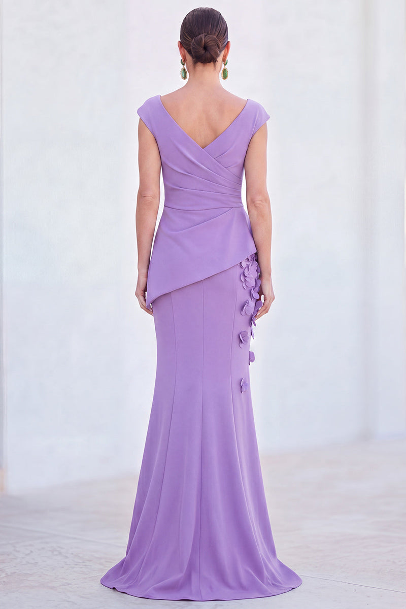 Load image into Gallery viewer, Fuchsia V-Neck Ruched Mermaid Long Mother of the Bride Dress with 3D Flowers