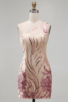 Load image into Gallery viewer, Sparkly Floral Gold and Pink Tight Short Sequin Homecoming Dress