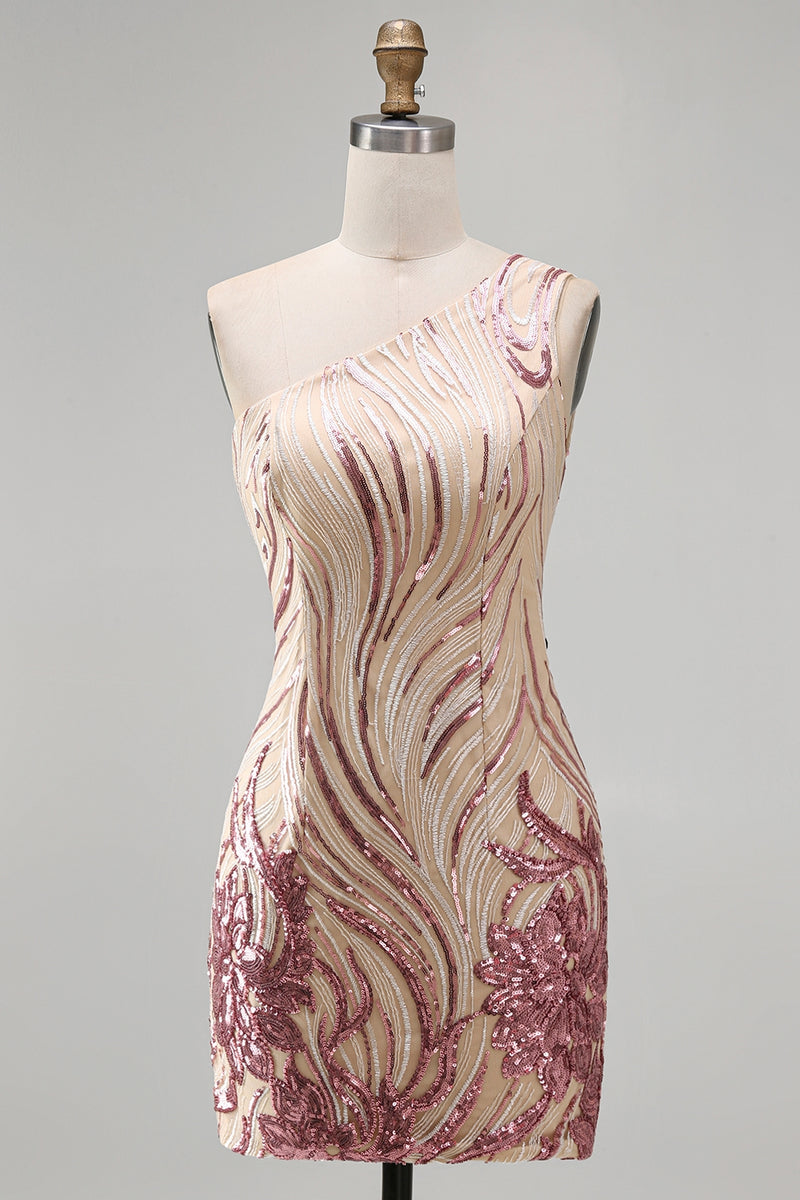Load image into Gallery viewer, Sparkly Floral Gold and Pink Tight Short Sequin Homecoming Dress