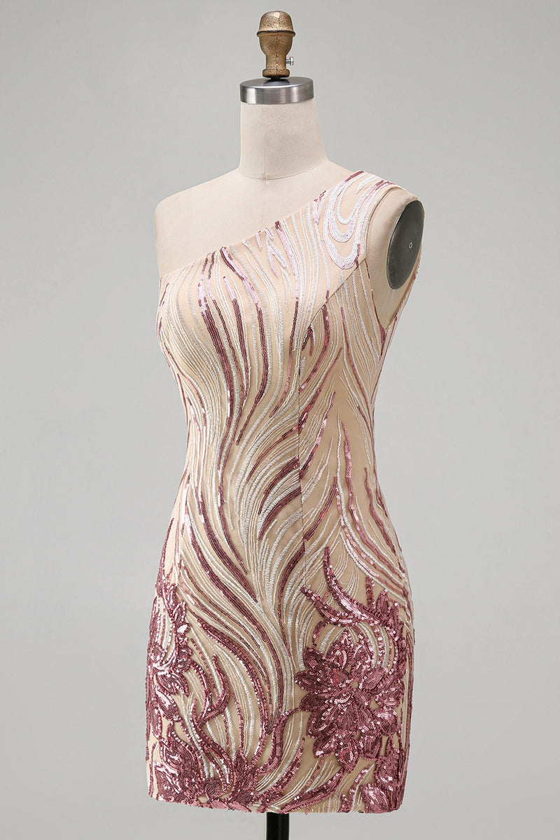 Load image into Gallery viewer, Sparkly Floral Gold and Pink Tight Short Sequin Homecoming Dress