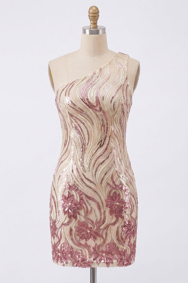 Load image into Gallery viewer, Sparkly Floral Gold and Pink Tight Short Sequin Homecoming Dress