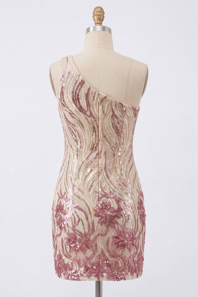Load image into Gallery viewer, Sparkly Floral Gold and Pink Tight Short Sequin Homecoming Dress