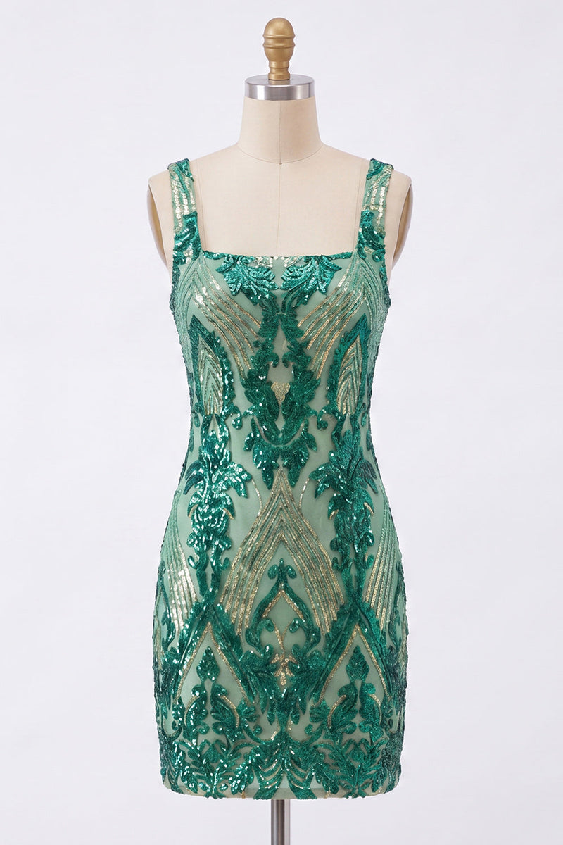 Load image into Gallery viewer, Sparkly Dark Green Sequin Square Neck Tight Short Homecoming Dress